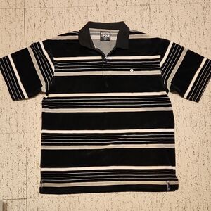 South Pole Stripe 1/4 Button Down Polo Shirt Vintage Y2K Black, Tan & White